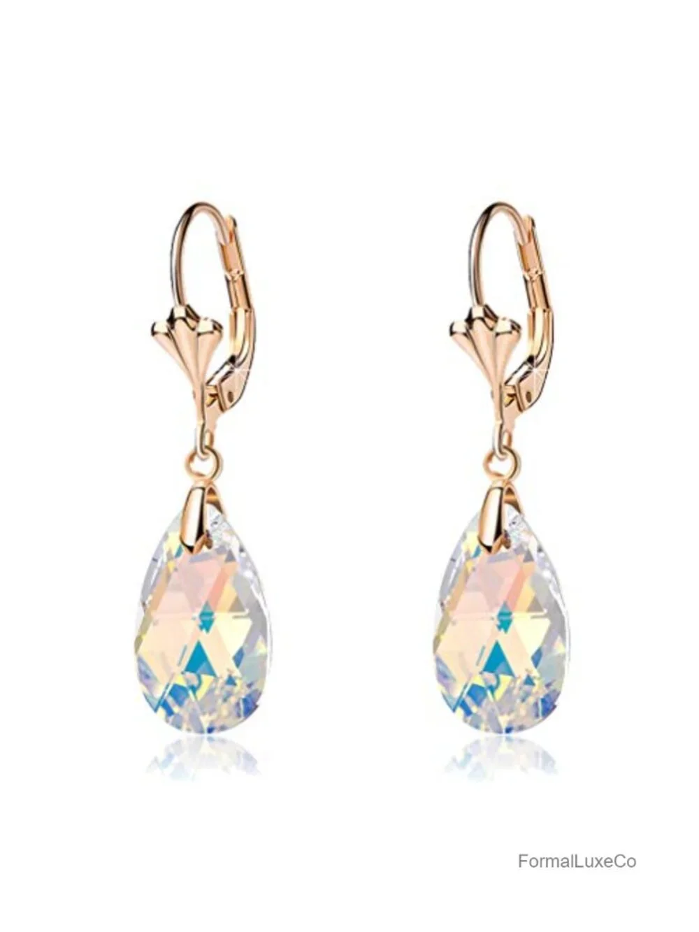 Austrian Crystal Teardrop Leverback Dangle Earrings 14K Gold Plated